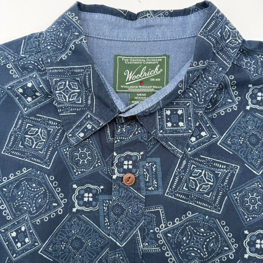 Woolrich Button Down Mens XL Blue Bandana Paisley Ripstop Short Sleeve Shirt